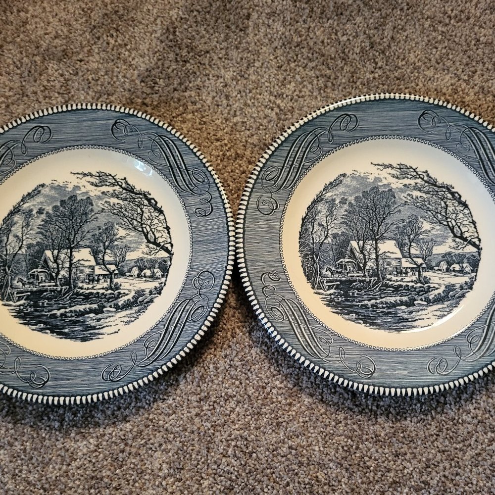Currier & Ives Set Of 2 10" Plates. The Old Grist Mill By Royal.